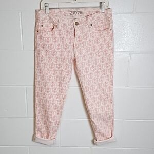 Pink & White Print Cropped Ankle Stretch Jeans Midrise